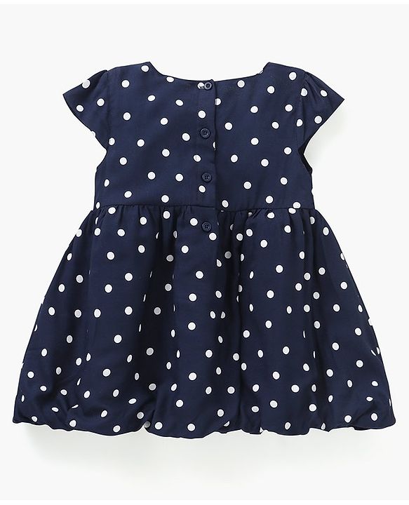 Babyhug Rayon Cap Sleeves Polka Dots Printed Woven Frock With Bow Applique - Navy Blue