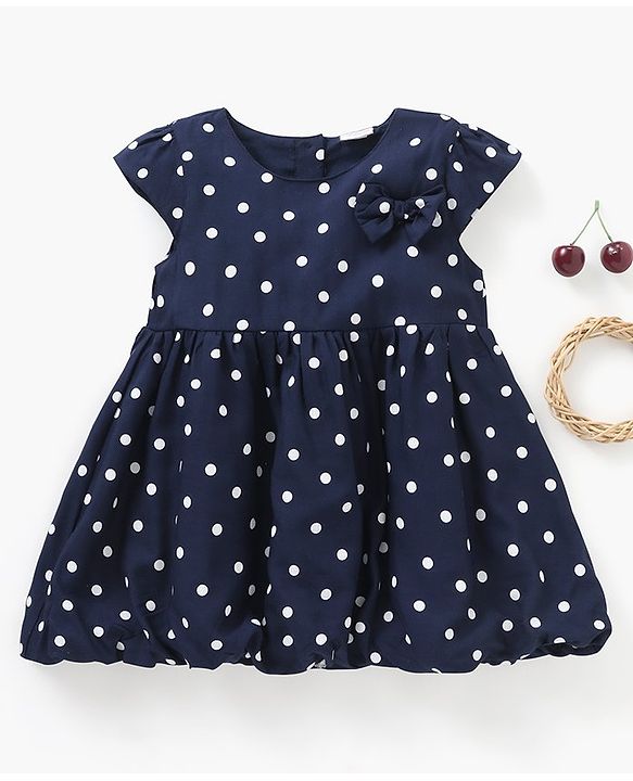 Babyhug Rayon Cap Sleeves Polka Dots Printed Woven Frock With Bow Applique - Navy Blue