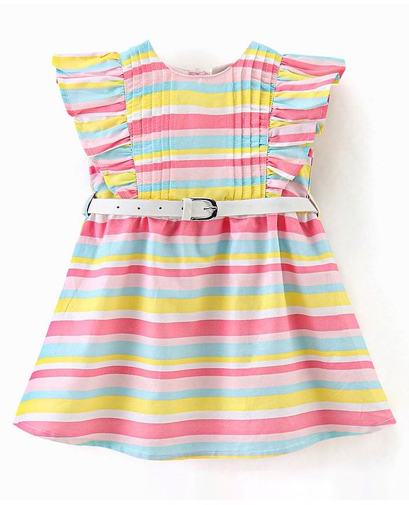 Babyhug 100% Cotton Woven Frill Sleeves Striped Frock with Waist Belt - Multicolour