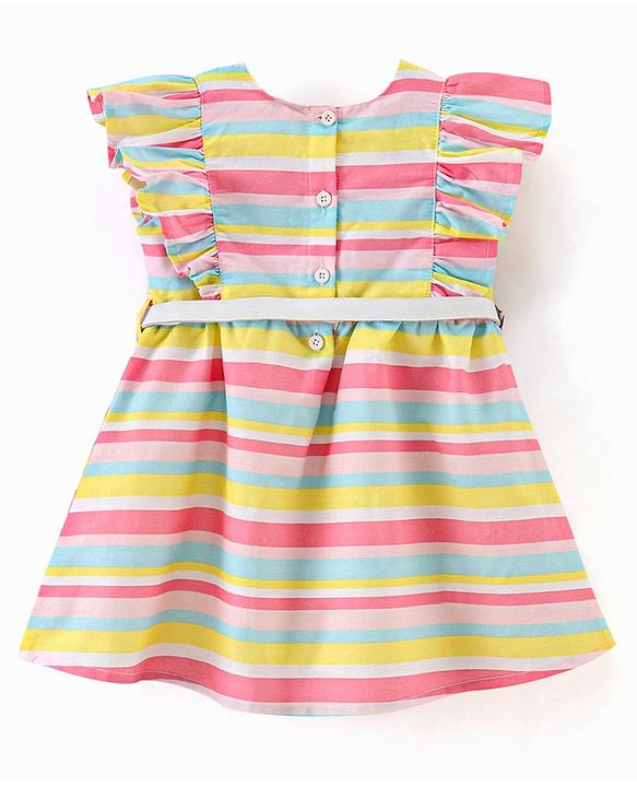 Babyhug 100% Cotton Woven Frill Sleeves Striped Frock with Waist Belt - Multicolour