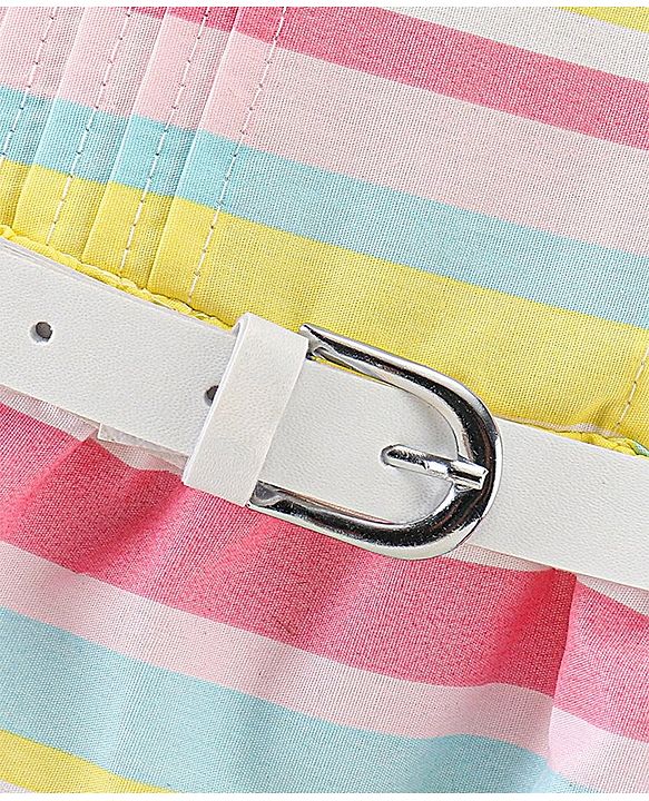 Babyhug 100% Cotton Woven Frill Sleeves Striped Frock with Waist Belt - Multicolour