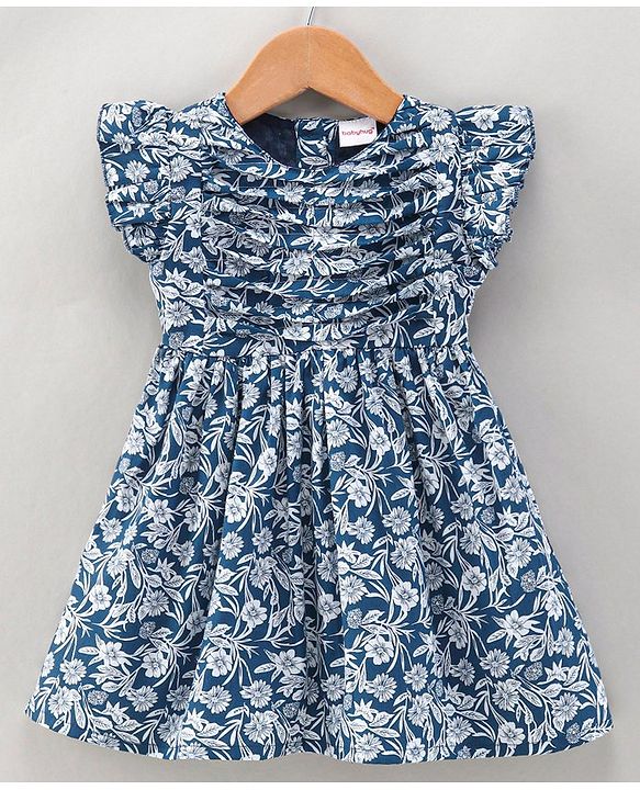 Babyhug 100 % Cotton Frill Sleeves Frock Floral Print - Navy Blue