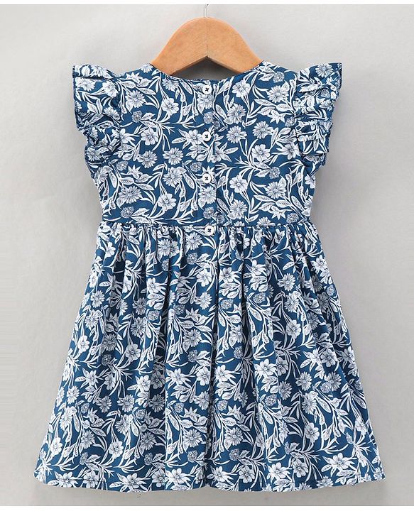 Babyhug 100 % Cotton Frill Sleeves Frock Floral Print - Navy Blue