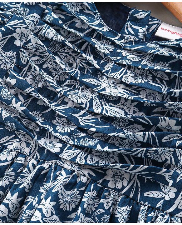 Babyhug 100 % Cotton Frill Sleeves Frock Floral Print - Navy Blue