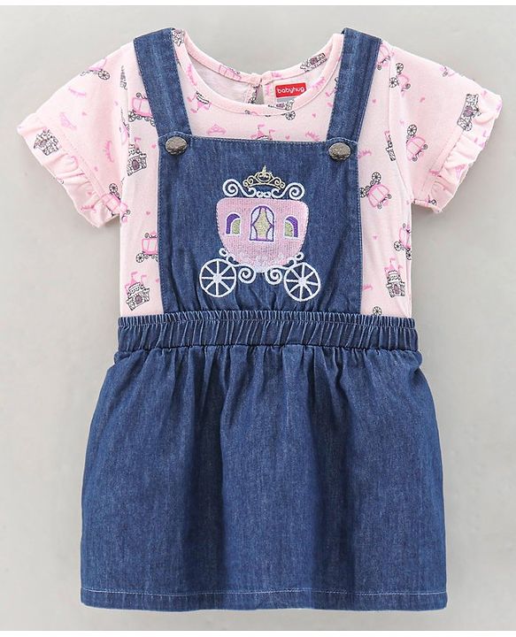 Babyhug Denim Dungaree Style Frock With Cotton Half Sleeves Tee Multi Print - Blue Pink