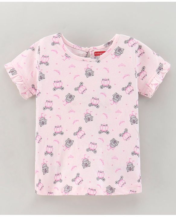 Babyhug Denim Dungaree Style Frock With Cotton Half Sleeves Tee Multi Print - Blue Pink