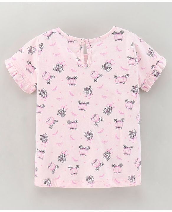 Babyhug Denim Dungaree Style Frock With Cotton Half Sleeves Tee Multi Print - Blue Pink