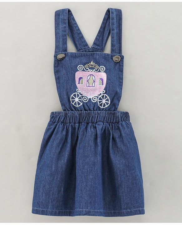 Babyhug Denim Dungaree Style Frock With Cotton Half Sleeves Tee Multi Print - Blue Pink