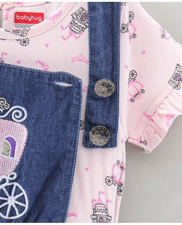 Babyhug Denim Dungaree Style Frock With Cotton Half Sleeves Tee Multi Print - Blue Pink