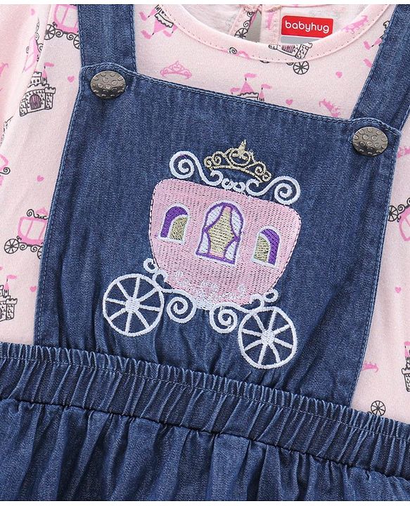 Babyhug Denim Dungaree Style Frock With Cotton Half Sleeves Tee Multi Print - Blue Pink