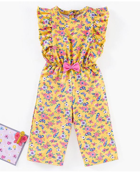 Babyhug 100% Cotton Knit Sleeveless Jumpsuit Flower And Butterfly Print - Yellow