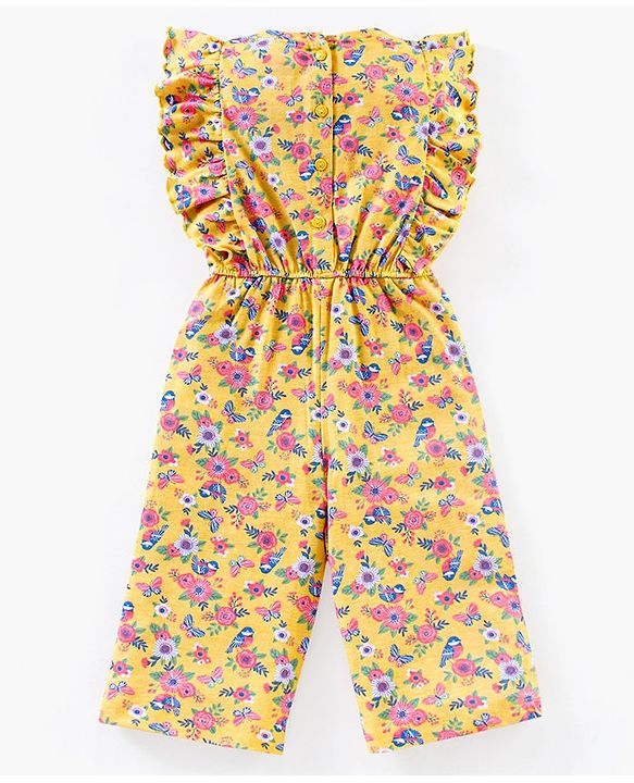 Babyhug 100% Cotton Knit Sleeveless Jumpsuit Flower And Butterfly Print - Yellow