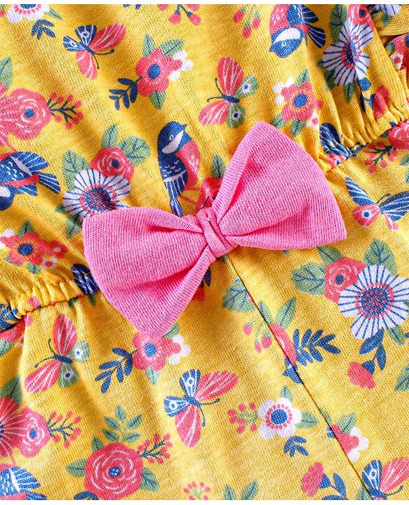 Babyhug 100% Cotton Knit Sleeveless Jumpsuit Flower And Butterfly Print - Yellow