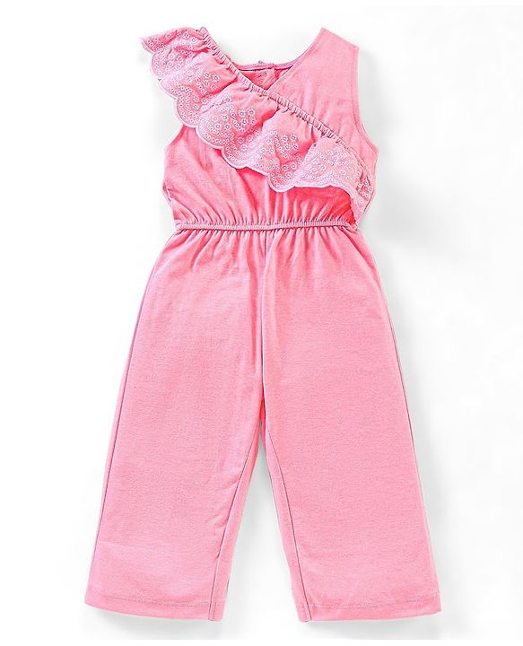 Babyhug 100% Cotton Sleeveless Jumpsuit With Floral Embroidery- Peach