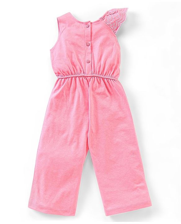 Babyhug 100% Cotton Sleeveless Jumpsuit With Floral Embroidery- Peach