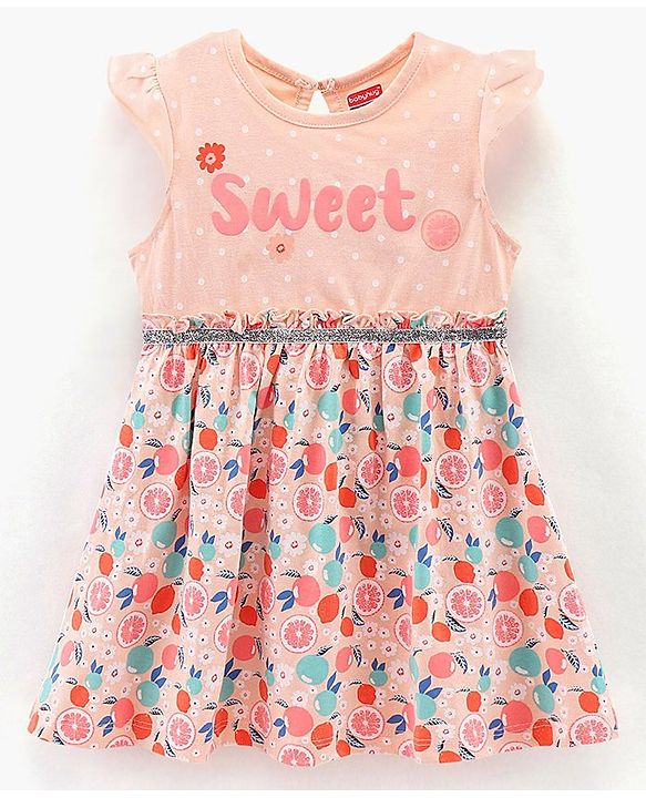 Babyhug 100%Cotton Cap Sleeves Frock With Bloomer Fruits Print - Light Pink
