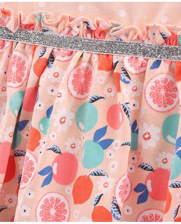 Babyhug 100%Cotton Cap Sleeves Frock With Bloomer Fruits Print - Light Pink