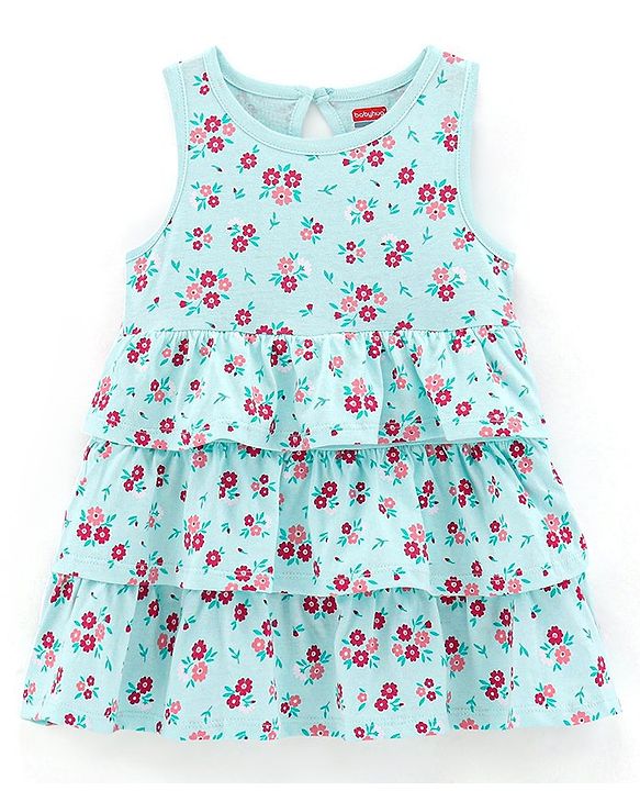 Babyhug 100% Cotton Knit Sleeveless Frock Floral Print - Blue