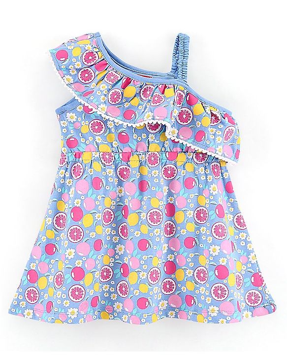 Babyhug 100% Cotton One Shoulder Printed Frock - Blue