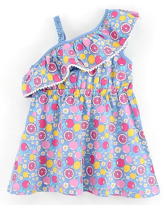 Babyhug 100% Cotton One Shoulder Printed Frock - Blue