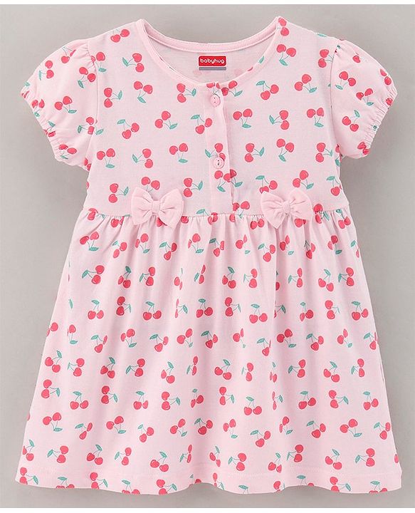 Babyhug 100% Cotton Cap Sleeves Frock With Bloomer & Headband Cherry Print- Pink