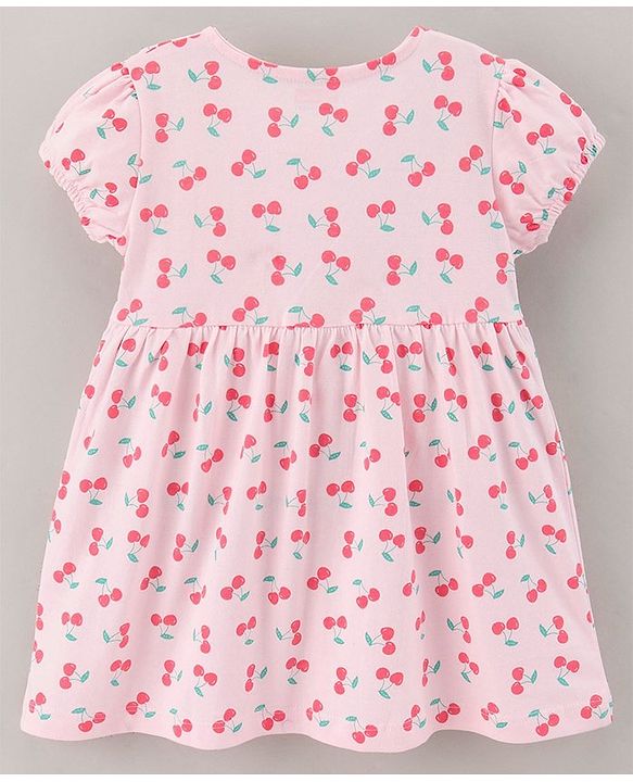 Babyhug 100% Cotton Cap Sleeves Frock With Bloomer & Headband Cherry Print- Pink