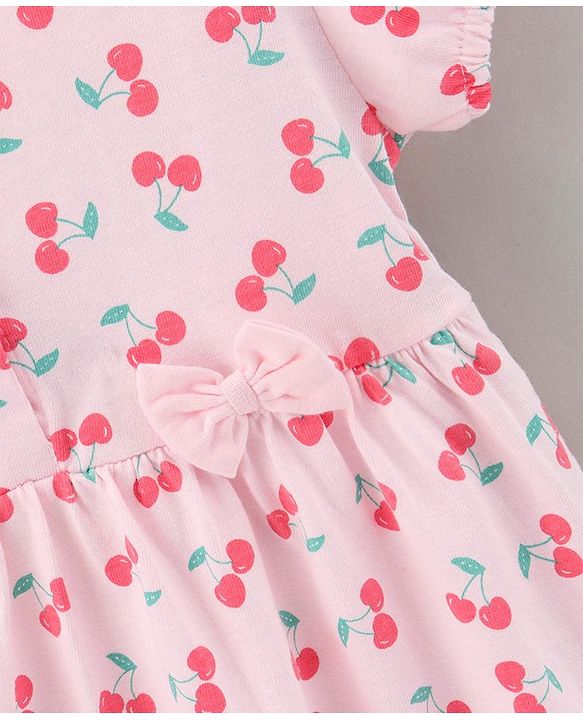 Babyhug 100% Cotton Cap Sleeves Frock With Bloomer & Headband Cherry Print- Pink