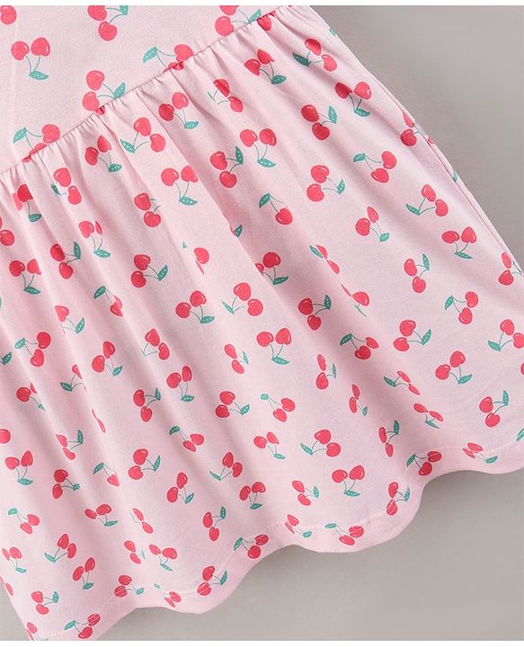 Babyhug 100% Cotton Cap Sleeves Frock With Bloomer & Headband Cherry Print- Pink