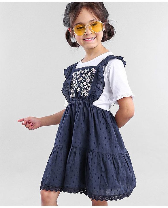 Babyhug Cotton Sleeveless Frock With Half Sleeves Top Floral & Dobby Embroidery - Navy Blue