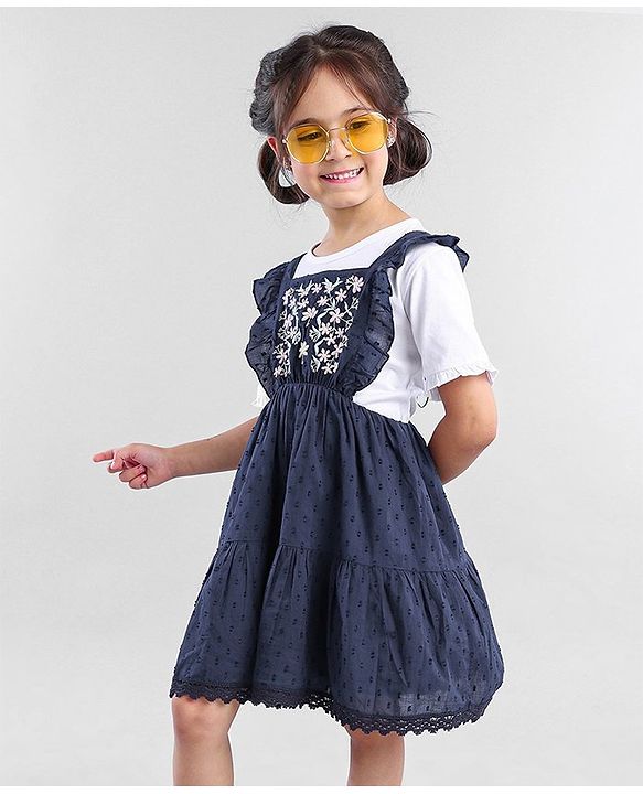 Babyhug Cotton Sleeveless Frock With Half Sleeves Top Floral & Dobby Embroidery - Navy Blue