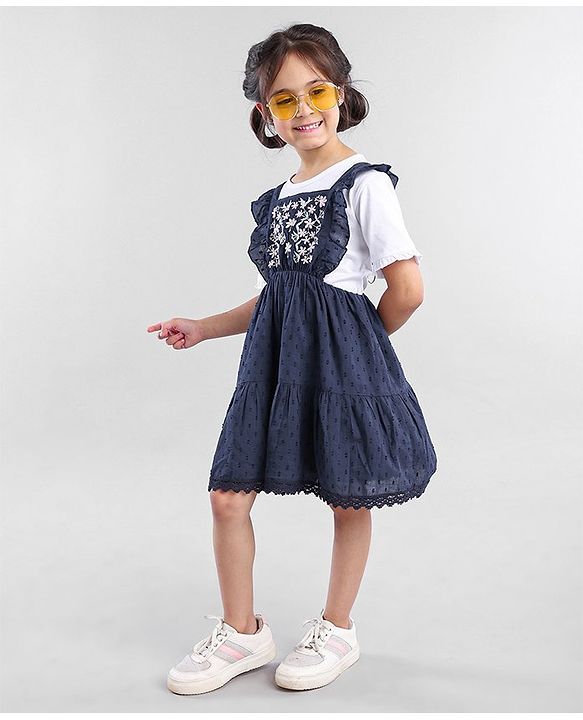 Babyhug Cotton Sleeveless Frock With Half Sleeves Top Floral & Dobby Embroidery - Navy Blue