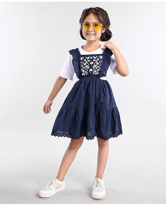 Babyhug Cotton Sleeveless Frock With Half Sleeves Top Floral & Dobby Embroidery - Navy Blue