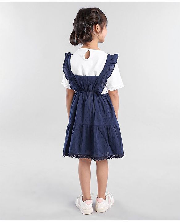 Babyhug Cotton Sleeveless Frock With Half Sleeves Top Floral & Dobby Embroidery - Navy Blue