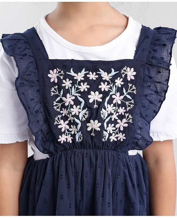 Babyhug Cotton Sleeveless Frock With Half Sleeves Top Floral & Dobby Embroidery - Navy Blue