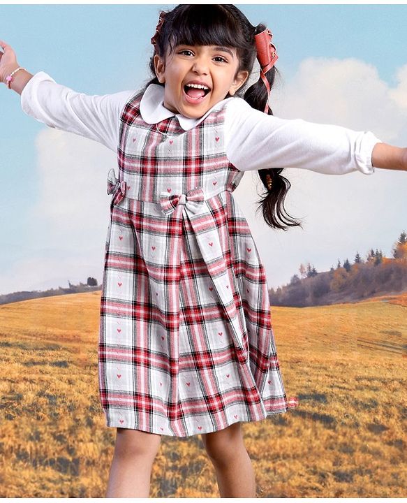 Babyhug 100% Cotton Full Sleeves Checked Frock - White Red