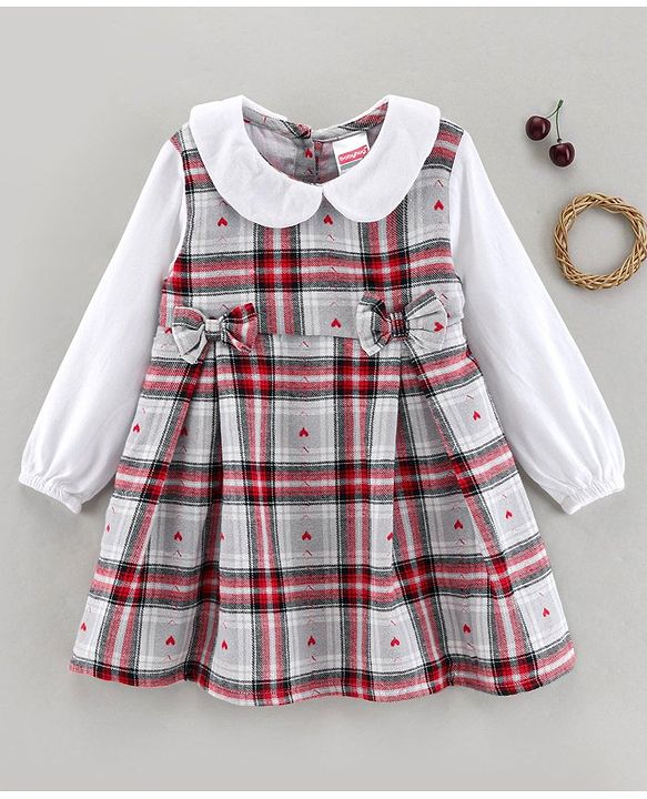 Babyhug 100% Cotton Full Sleeves Checked Frock - White Red