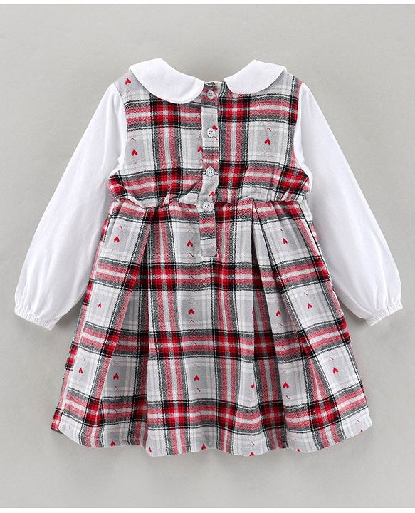 Babyhug 100% Cotton Full Sleeves Checked Frock - White Red