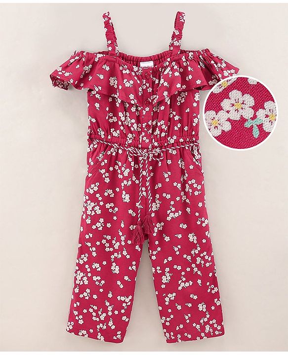 Babyhug  Rayon Sleeveless Woven Jumpsuit with Tassle at Waist Floral Print - Red