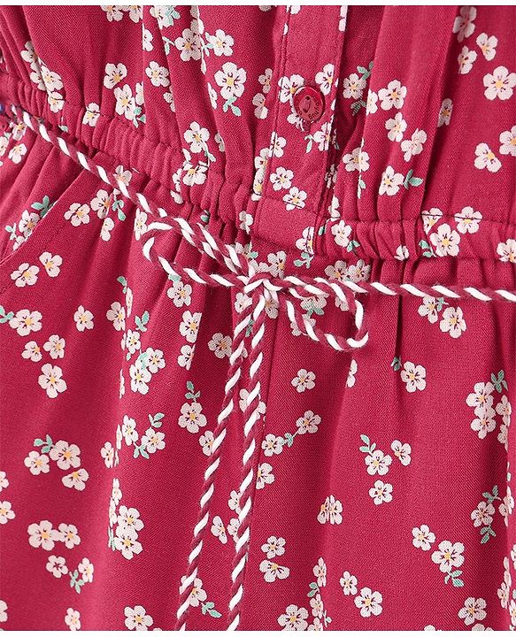 Babyhug  Rayon Sleeveless Woven Jumpsuit with Tassle at Waist Floral Print - Red