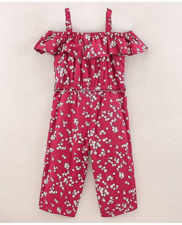 Babyhug  Rayon Sleeveless Woven Jumpsuit with Tassle at Waist Floral Print - Red