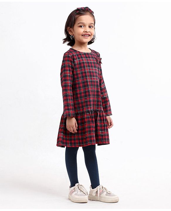 Babyhug Yarndyed Full Sleeves Checks Frock With Leggings and Headband - Red Navy Blue