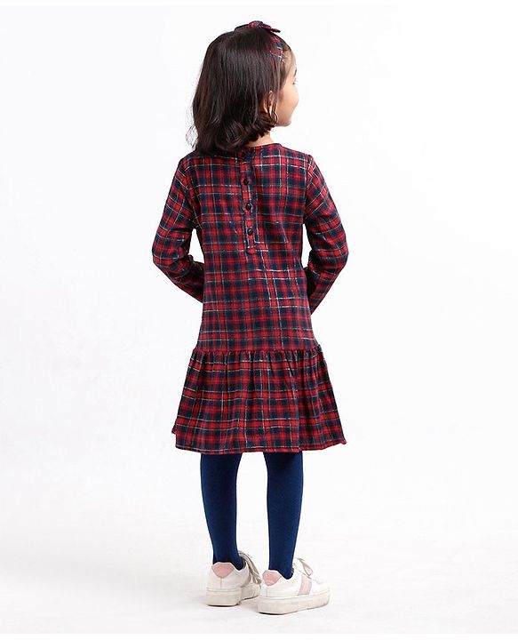 Babyhug Yarndyed Full Sleeves Checks Frock With Leggings and Headband - Red Navy Blue
