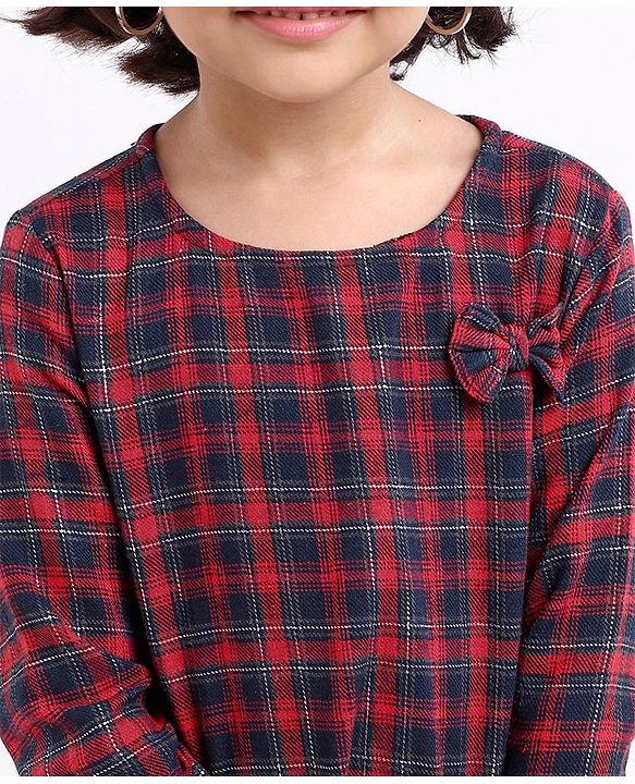 Babyhug Yarndyed Full Sleeves Checks Frock With Leggings and Headband - Red Navy Blue