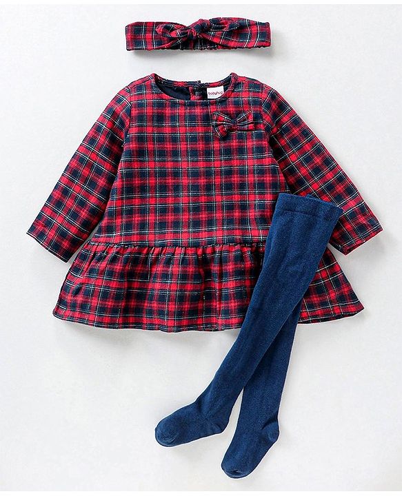 Babyhug Yarndyed Full Sleeves Checks Frock With Leggings and Headband - Red Navy Blue