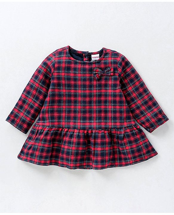 Babyhug Yarndyed Full Sleeves Checks Frock With Leggings and Headband - Red Navy Blue