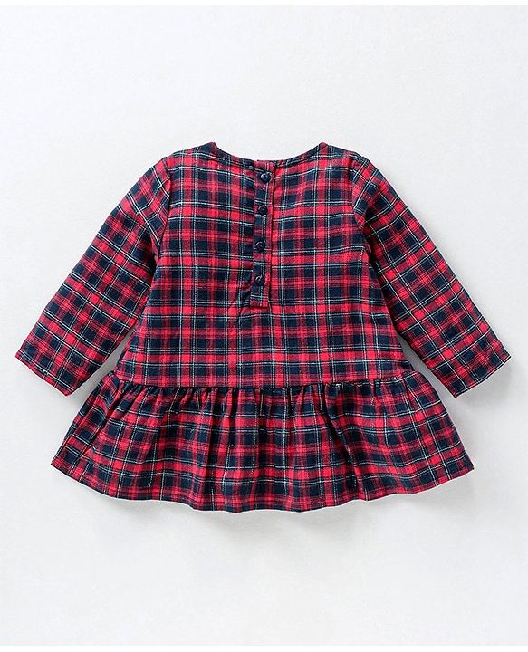 Babyhug Yarndyed Full Sleeves Checks Frock With Leggings and Headband - Red Navy Blue
