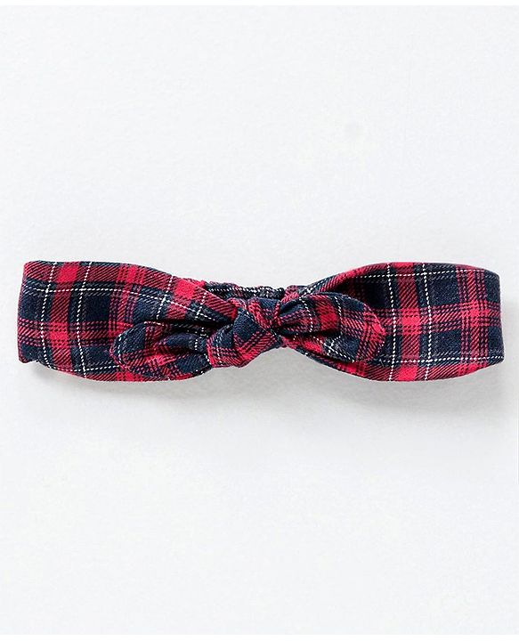 Babyhug Yarndyed Full Sleeves Checks Frock With Leggings and Headband - Red Navy Blue
