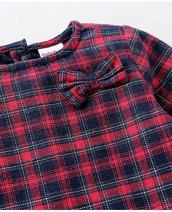 Babyhug Yarndyed Full Sleeves Checks Frock With Leggings and Headband - Red Navy Blue
