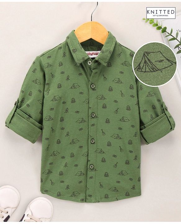 Babyhug Full Sleeves Knitted Shirt Printed - Olive