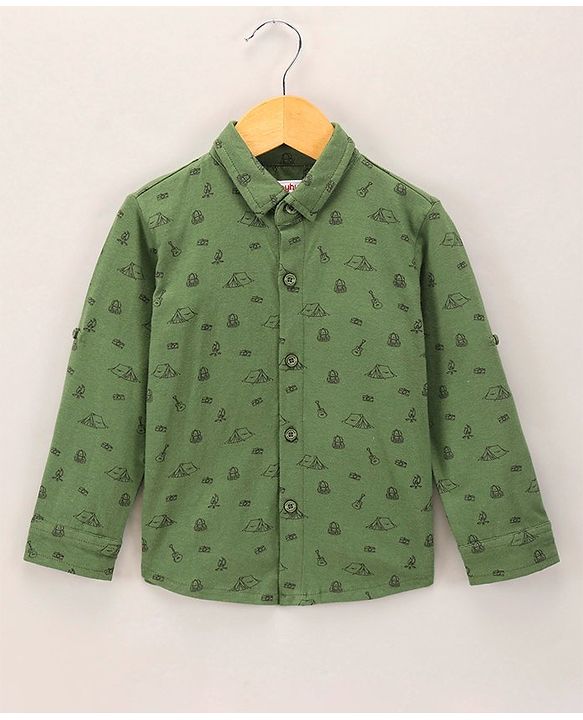 Babyhug Full Sleeves Knitted Shirt Printed - Olive